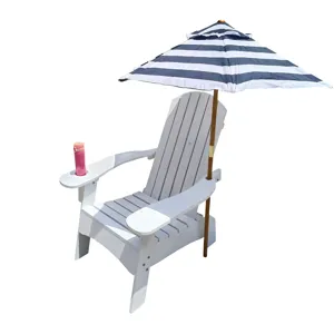 Outdoor Or Indoor Wood Adirondack Chair With An Hole To Hold Umbrella, On The Arm - White