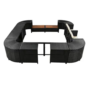Spa Surround Spa Frame Quadrilateral Outdoor Rattan Sectional Sofa Set With Mini Sofa, Wooden Seats 