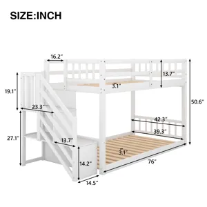 Twin Over Twin Floor Bunk Bed, Ladder With Storage - White