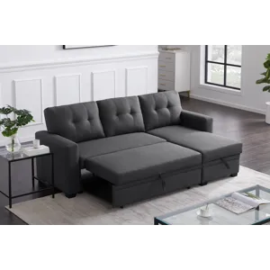 Upholstered Pull Out Sectional Sofa With Chaise - Dark Gray