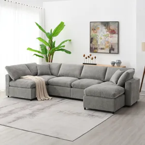 Modern Modular Cloud Sofa Bed, 6 Seat Chenille Sectional Couch Set With Ottoman, Free Combination, C