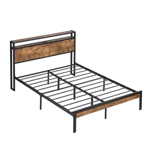 Full Size Metal Platform Bed Frame With Wooden Headboard And Footboard With USB Liner, No Box Spring