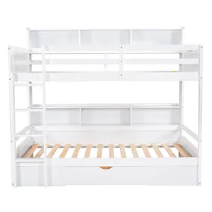 Twin Size Bunk Bed With Built-In Shelves Beside Both Upper And Down Bed And Storage Drawer - White