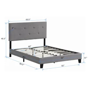 Queen Size Upholstered Platform Bed Frame With Button Tufted Linen Headboard, No Box Spring Needed, 