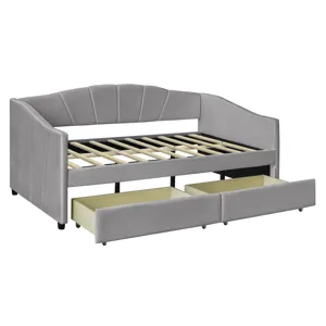 Twin Size Upholstered Daybed With Two Drawers And Wood Slat - Gray