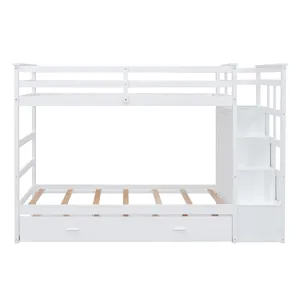 Twin Over Twin Bunk Bed With Trundle And Staircase - White