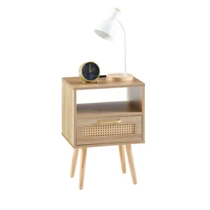 15.75\" Rattan End Table With Power Outlet & USB Ports, Modern Nightstand With Drawer And Solid Wood