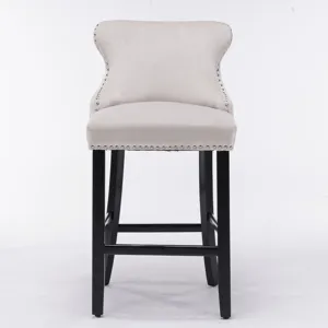 Contemporary Velvet Upholstered Wing-Back Barstools With Button Tufted Decoration And Wooden Legs, A