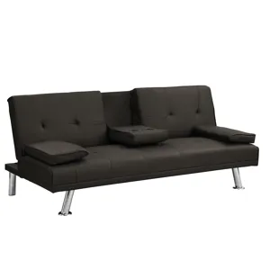 Sofa Bed With Armrest Two Holders Wood Frame, Stainless Leg, Futon - Brown