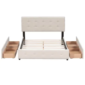 Queen Size Upholstered Platform Bed With Classic Headboard And 4 Drawers, No Box Spring Needed - Bei
