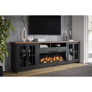 Bridgevine Home - Essex 97\" Fireplace TV Stand Console - Black and Whiskey Finish