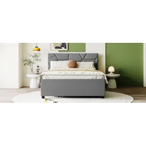 Full Size Upholstered Platform Bed With Brick Pattern Headboard And Twin Size Trundle, Linen - Gray