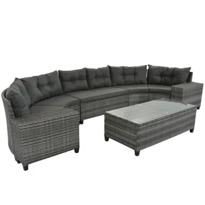8 Pieces Outdoor Wicker Round Sofa Set, Half-Moon Sectional Sets All Weather, Curved Sofa Set With R