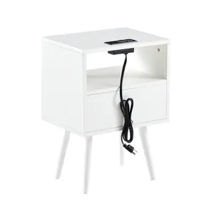 15.75\" Rattan End Table With Power Outlet & USB Ports, Modern Nightstand With Drawer And Solid Wood