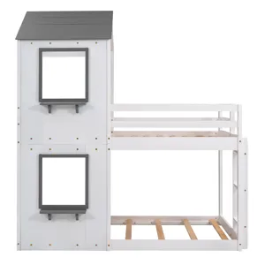 Twin Over Twin Bunk Bed Wood Bed & Roof, Window, Guardrail, Ladder - White