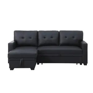 Upholstered Pull Out Sectional Sofa With Chaise - Black