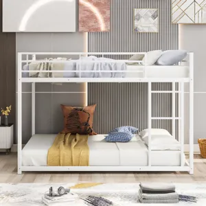 Full Over Full Metal Bunk Bed, Low Bunk Bed With Ladder - White