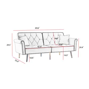 Velvet Tufted Sofa Couch With 2 Pillows And Nailhead Trim - Light Gray