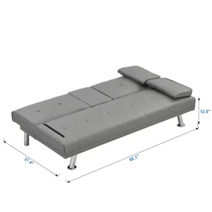 Sofa Bed With Armrest Two Holders Wood Frame, Stainless Leg Futon - Gray