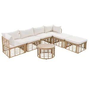 7 Pieces Outdoor Patio Furniture, All-Weather Rattan Sectional Sofa Set With Thick Cushions And Pill