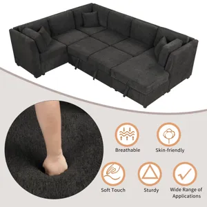 U-Shaped Sectional Sofa Pull Out Sofa Bed With Two USB Ports, Two Power Sockets, Three Back Pillows 