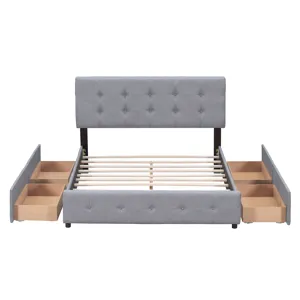 Queen Size Upholstered Platform Bed With Classic Headboard And 4 Drawers, No Box Spring Needed - Lig