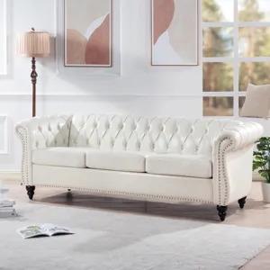 84.65\" Rolled Arm Chesterfield 3 Seater Sofa - White