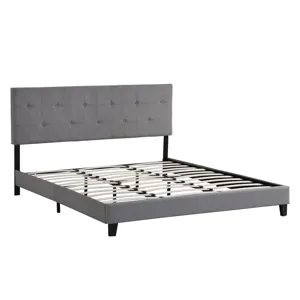 King Size Upholstered Platform Bed Frame With Button Tufted Linen Fabric Headboard, No Box Spring Ne