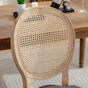 French Style Solid Wood Frame Antique Painting Linen Fabric Rattan Back Dining Chair (Set of 2) - Gr