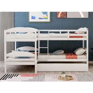 Twin L-Shaped Bunk Bed With Trundle - White