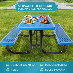 Outdoor Steel Picnic Rectangular Table With Umbrella Pole - Blue