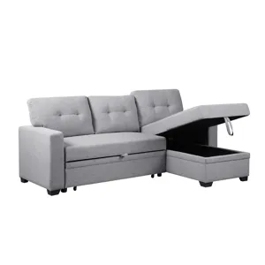 Upholstered Pull Out Sectional Sofa With Chaise - Light Gray