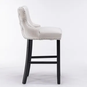 Contemporary Velvet Upholstered Wing-Back Barstools With Button Tufted Decoration And Wooden Legs, A