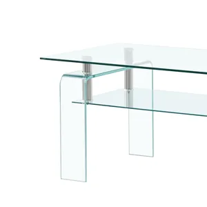 Rectangle Clear Glass Coffee Table, Modern Glass Coffee Table For Living Room, 2 Tier Storage Center