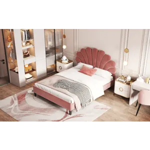 Full Size Upholstered Platform Bed With Flower Pattern Velvet Headboard - Bean Paste Red