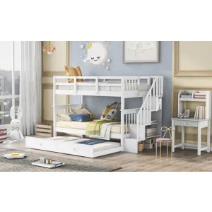 Stairway Twin Over Twin Bunk Bed With Twin Size Trundle For Bedroom, Dorm, Adults - White