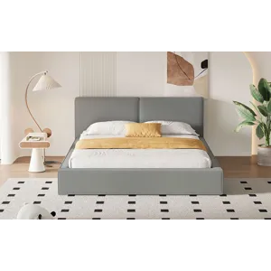 Queen Size Upholstered Platform Bed With , Grounded Bed With Solid Frame - Gray