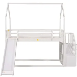 Twin Over Twin House Bunk Bed With Convertible Slide, Storage Staircase - White