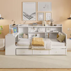 Twin Size Wooden Daybed With 3 Drawers, USB Ports And Desk - White