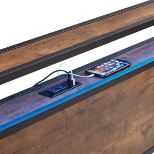 Queen Size Metal Platform Bed Frame With Wooden Headboard And Footboard With USB Liner, LED Lights, 