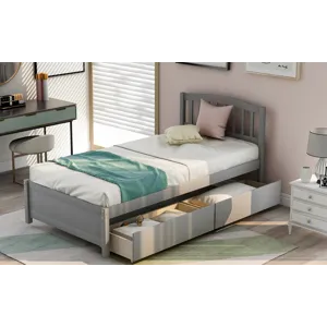 Twin Platform Storage Bed Wood Bed Frame With Two Drawers And Headboard - Gray