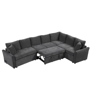 L-Shaped Sofa Convertible Sofa Bed Pull Out Sofa Sleeper With Two Back Pillows, Two USB Ports And Tw
