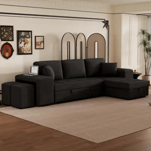 Modern L-Shape 3 Seat Reversible Sectional Couch, Pull Out Sleeper Sofa With Storage Chaise And 2 St