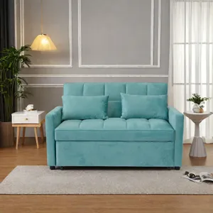 Velvet Two Seater Pull Out Sofa Bed, Adjustable Backrest With Three USB Ports, Two Side Pockets, 3 I