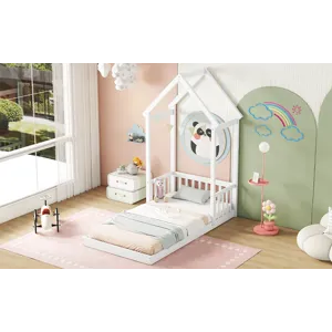 Twin House-Shaped Roof Headboard Floor Bed, (Without Slats) - White
