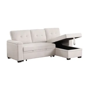 Lucca II  - 84.5\"W Beige Woven Fabric Reversible Sleeper Sectional Sofa With Storage Chaise and Poc