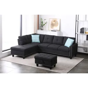 Alger - 98" Wide Left Hand Facing Sofa & Chaise With Ottoman - Charcoal Grey