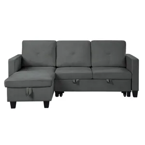 Nova - Velvet Reversible Sleeper Sectional Sofa With Storage Chaise - Dark Gray