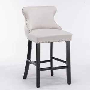 Contemporary Velvet Upholstered Wing-Back Barstools With Button Tufted Decoration And Wooden Legs, A