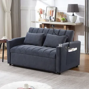 Convertible Sofa Bed Loveseat Sofa With Three USB Ports, Two Side Pockets, Two Cup Holders And 360° 